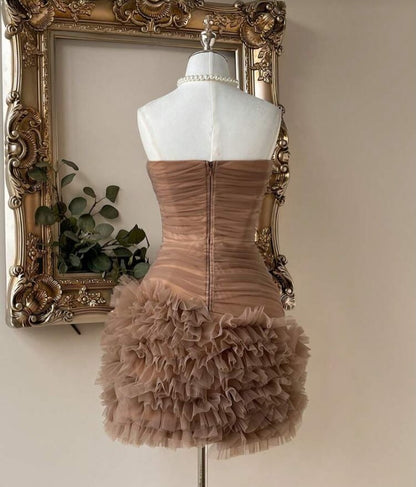 Strapless Ruched Tulle Mini Dress with Ruffled Skirt