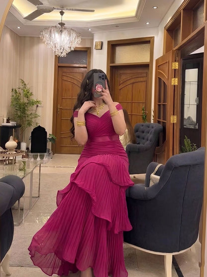 Off-Shoulder Pleated Ruffle Evening Dress