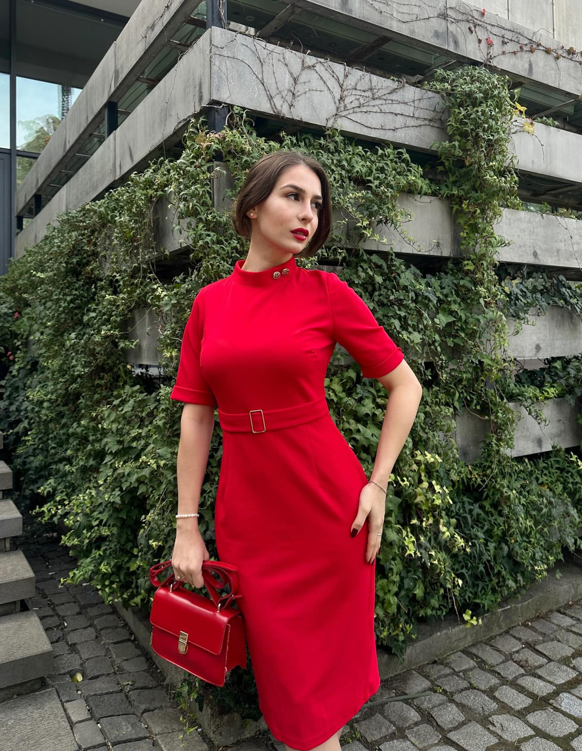 Belted High Neck Midi Sheath Dress with Short Sleeves