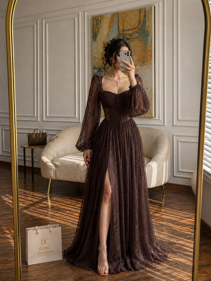 Lace Corset Maxi Dress with Long Bishop Sleeves