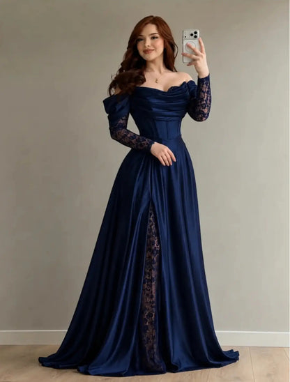 Off-Shoulder Corset Gown with Lace Underlay Slit