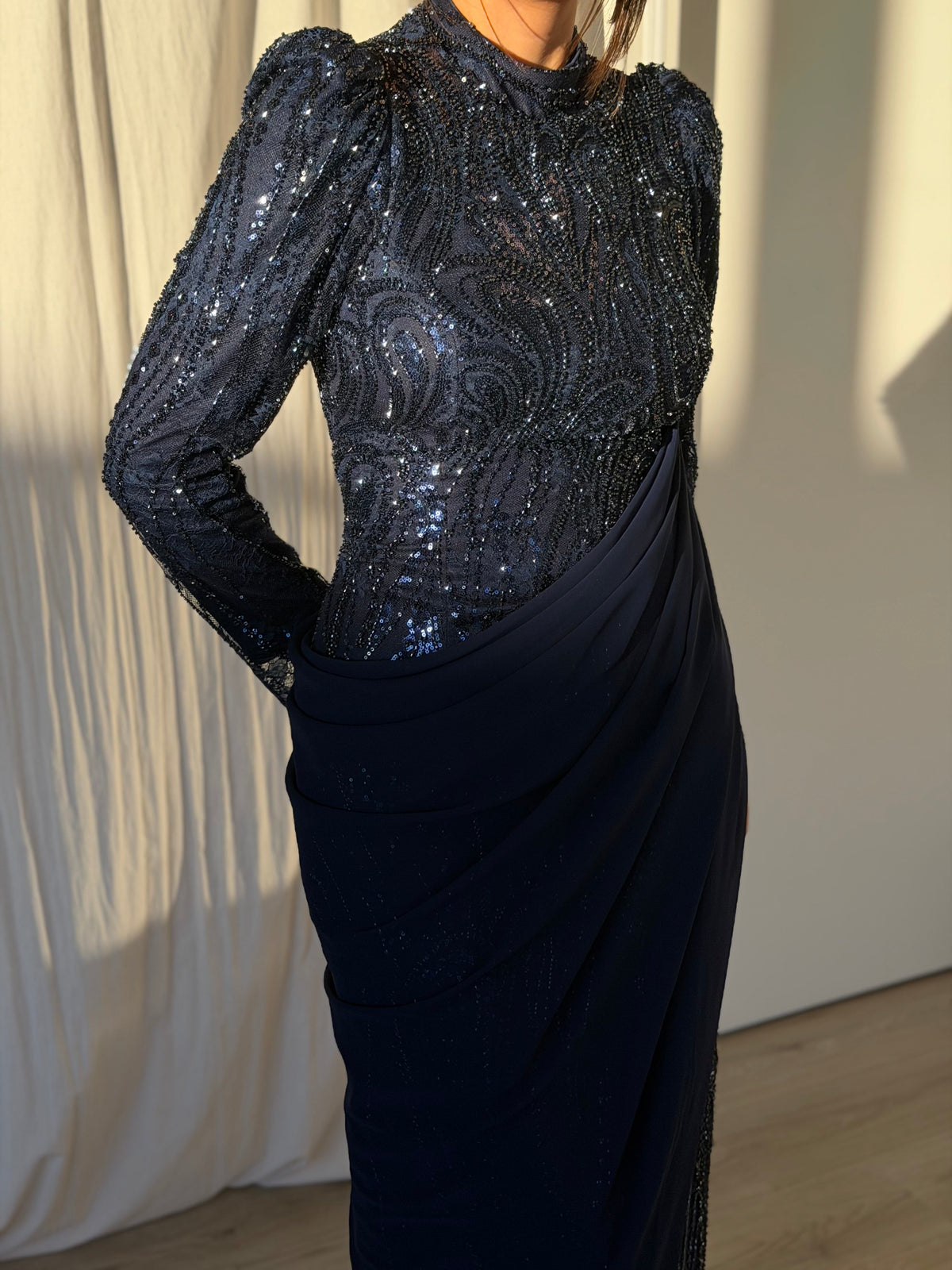 Embellished Long Sleeve Gown with Draped Overlay
