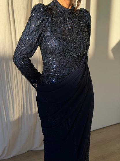 Embellished Long Sleeve Gown with Draped Overlay