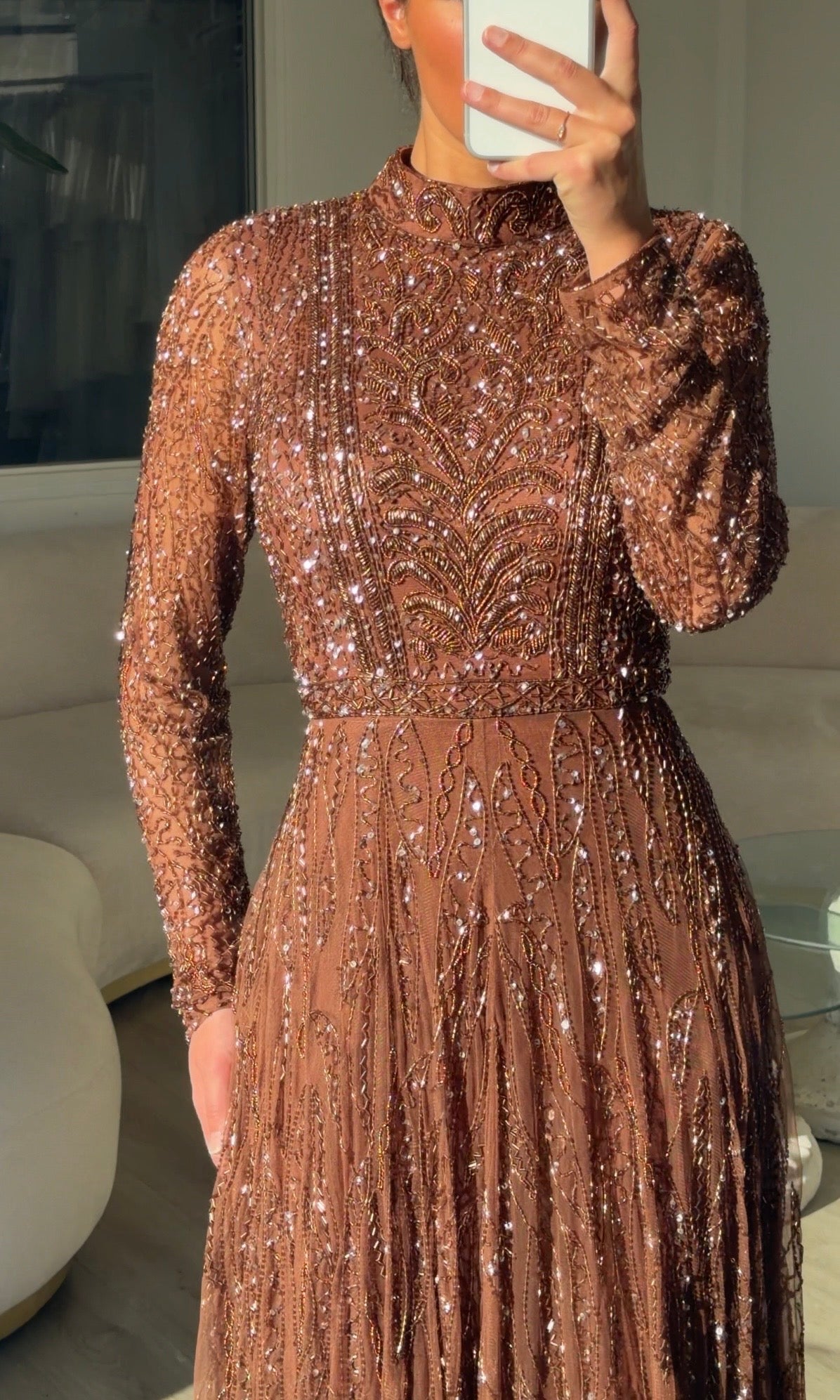 High Neck Sequin Embellished Long Sleeve Gown