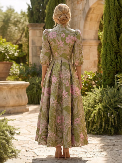 Floral Jacquard A-Line Dress with Puff Sleeves