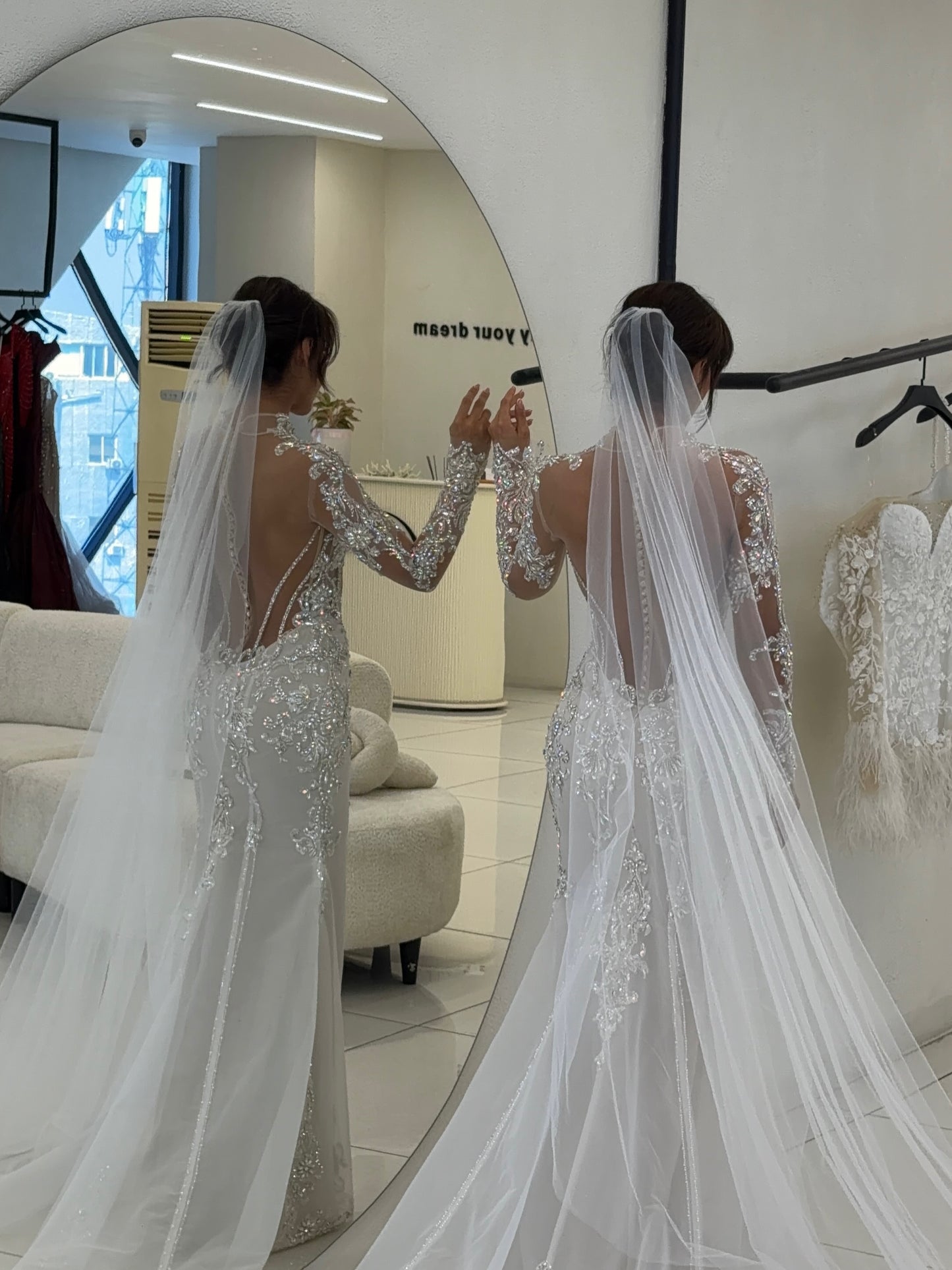 Beaded Corset Long Sleeve Illusion Wedding Dress