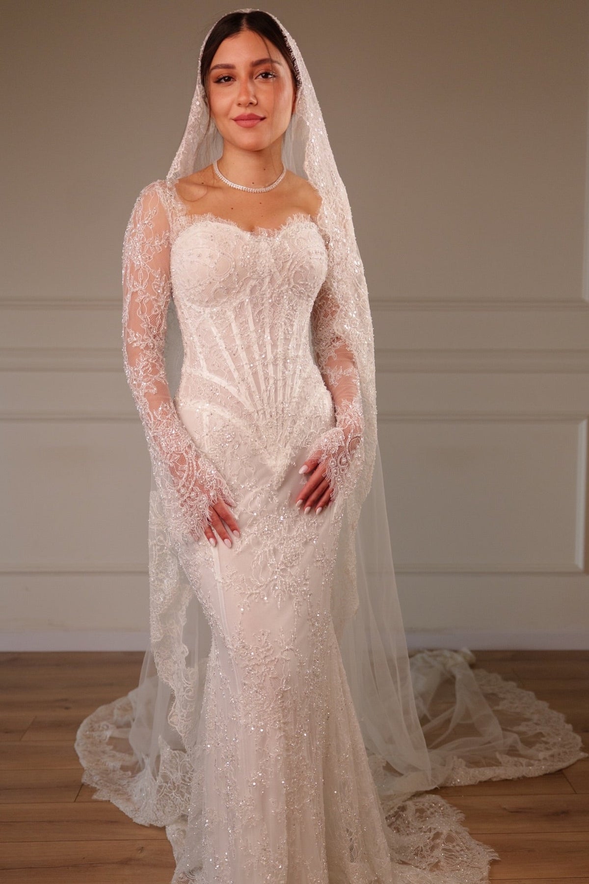Corset Lace Mermaid Wedding Dress with Long Sleeves