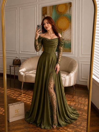 Off-the-Shoulder Corset Gown with Lace Underlay