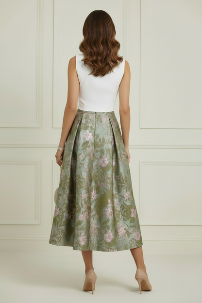 Sleeveless Lapel Midi Dress with Jacquard Skirt