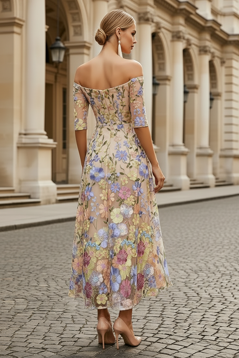 Off-the-Shoulder Embroidered A-Line Midi Dress