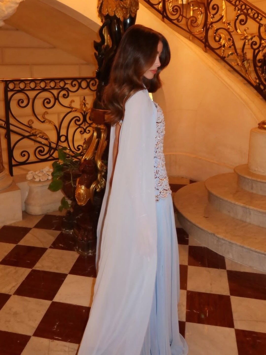 Sequin Scallop Bodice Cape Evening Gown