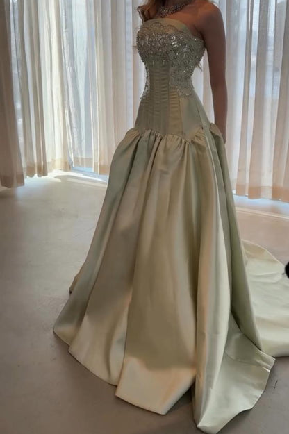 Strapless Beaded Corset Satin Ball Gown