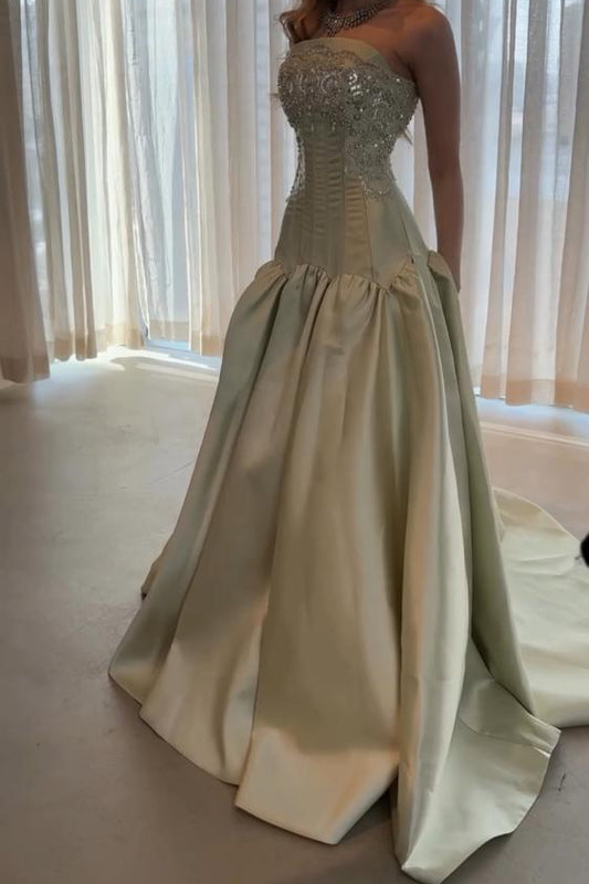 Strapless Beaded Corset Satin Ball Gown