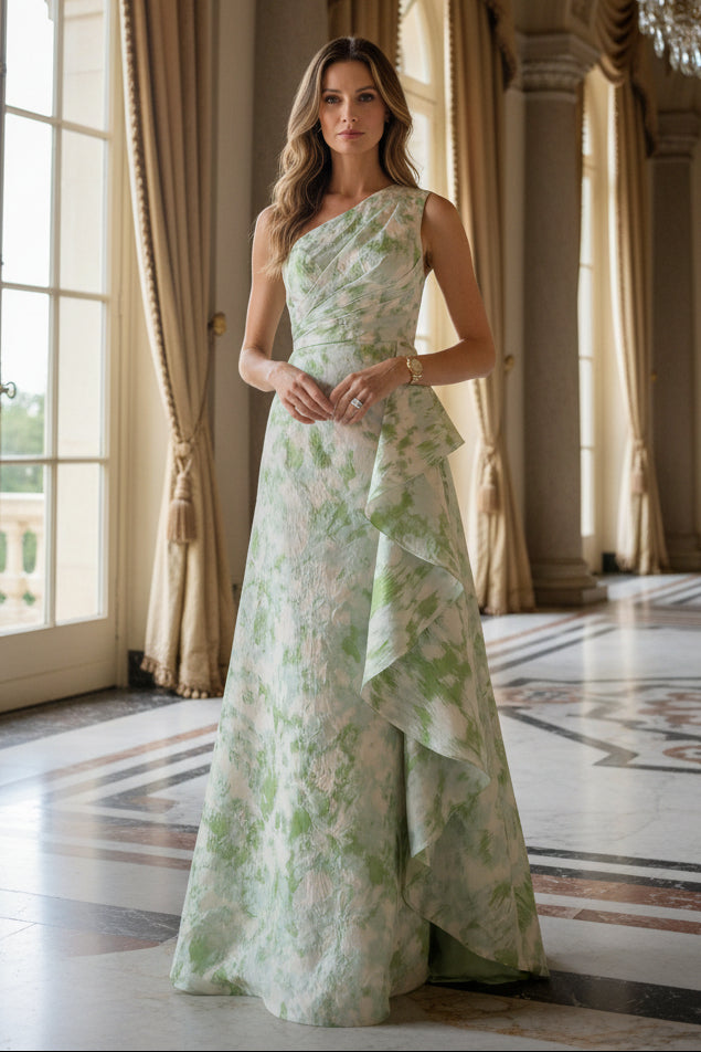 One-Shoulder Floral Jacquard Gown with Cascading Ruffle
