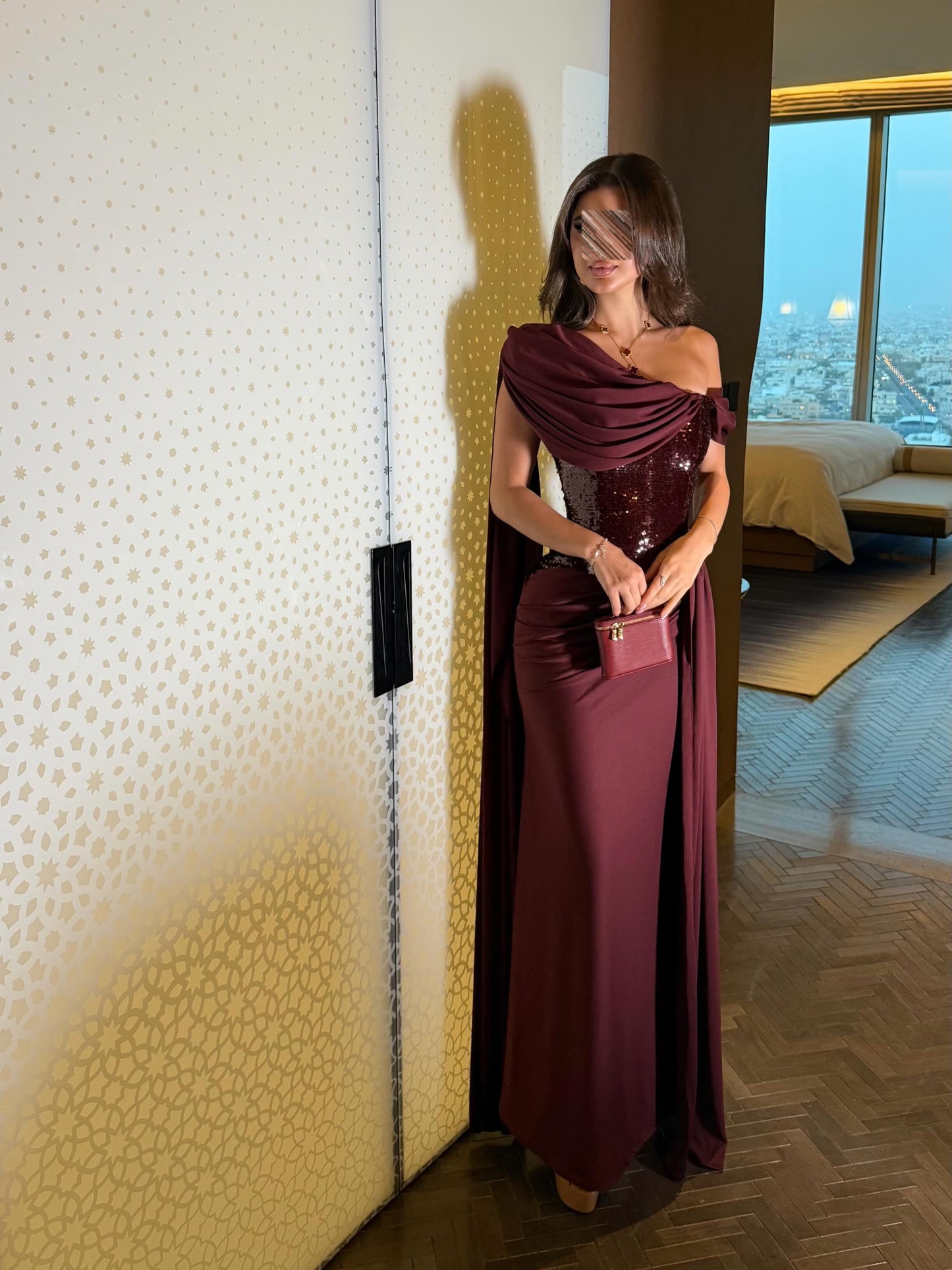 Asymmetrical Sequin Corset Cape Evening Gown