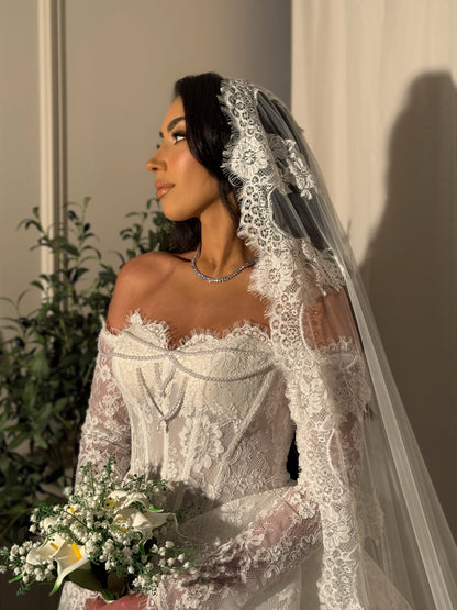 Off-Shoulder Lace Long Sleeve Wedding Dress with Train