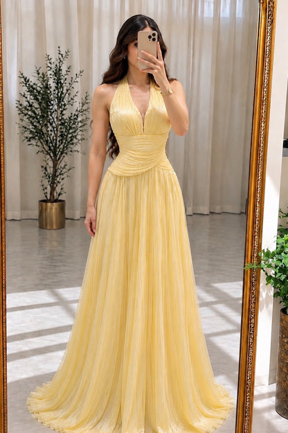 Pleated Halter Neck A-Line Gown with Ruched Waist