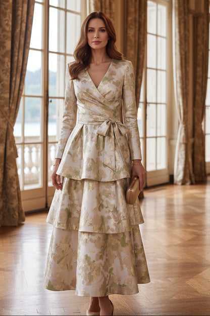 Tiered Floral Jacquard Wrap Dress with Long Sleeves