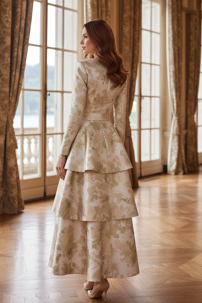 Tiered Floral Jacquard Wrap Dress with Long Sleeves