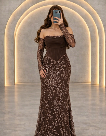 Beaded Off-Shoulder Corset Mermaid Gown