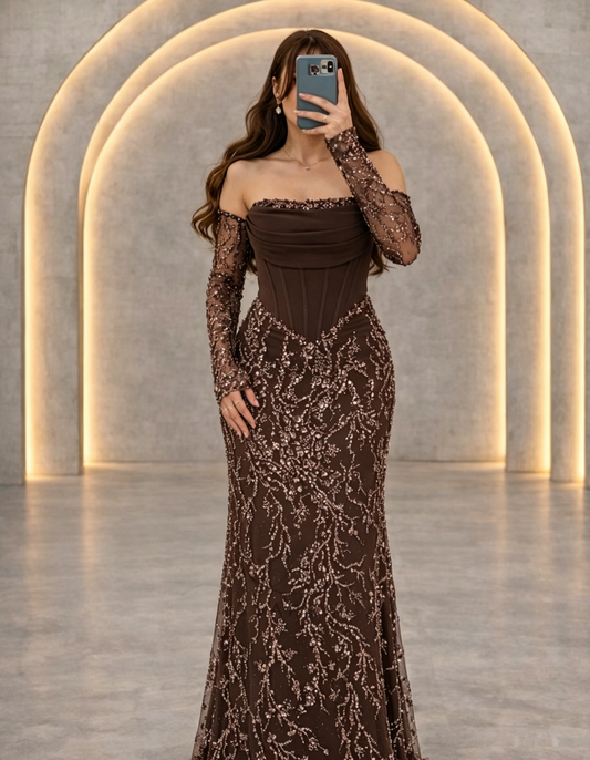 Beaded Off-Shoulder Corset Mermaid Gown