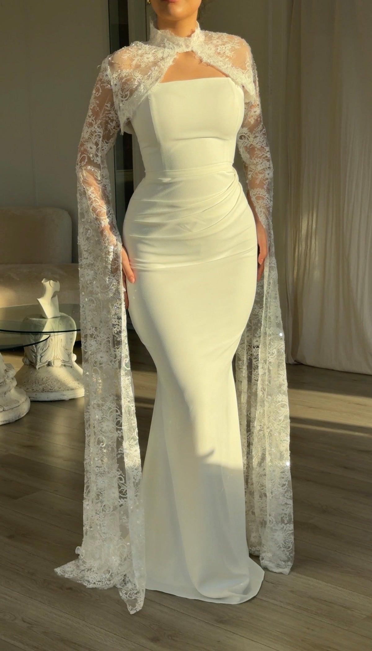 Ruched Column Gown with Sheer Lace Cape