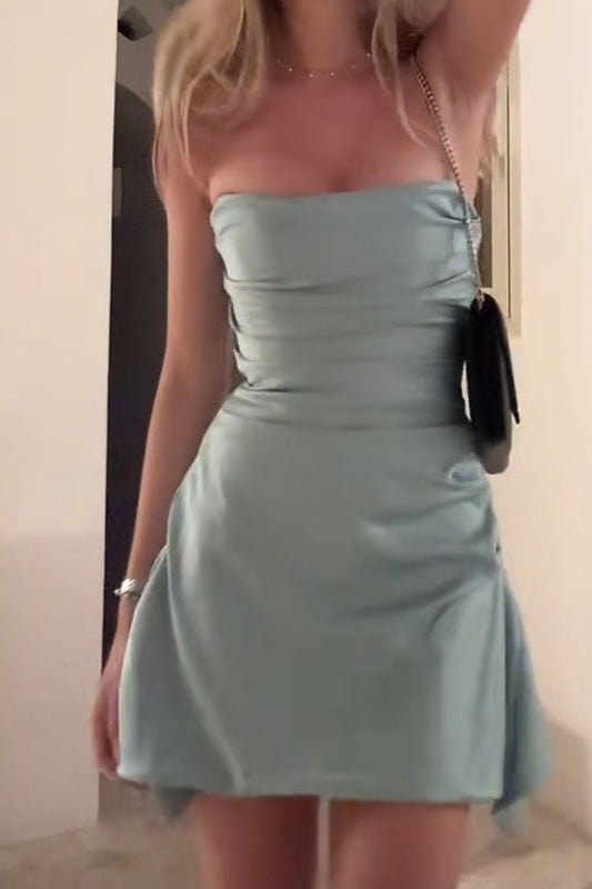 Strapless Ruched Satin Mini Dress with Draped Hem