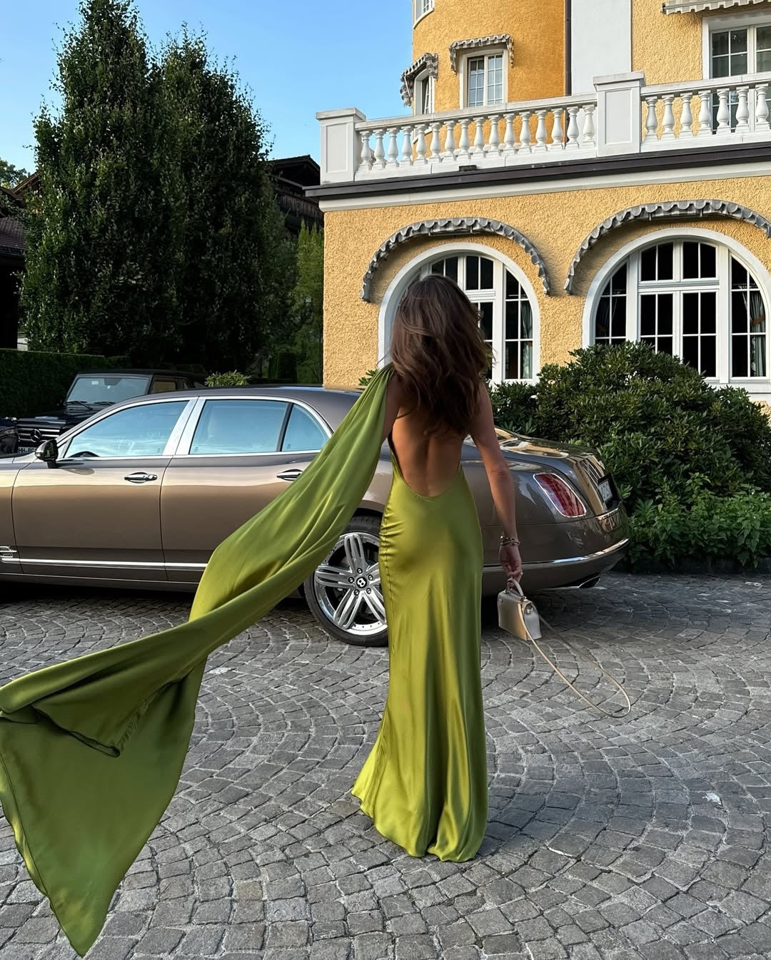 One Shoulder Satin Cape Backless Gown