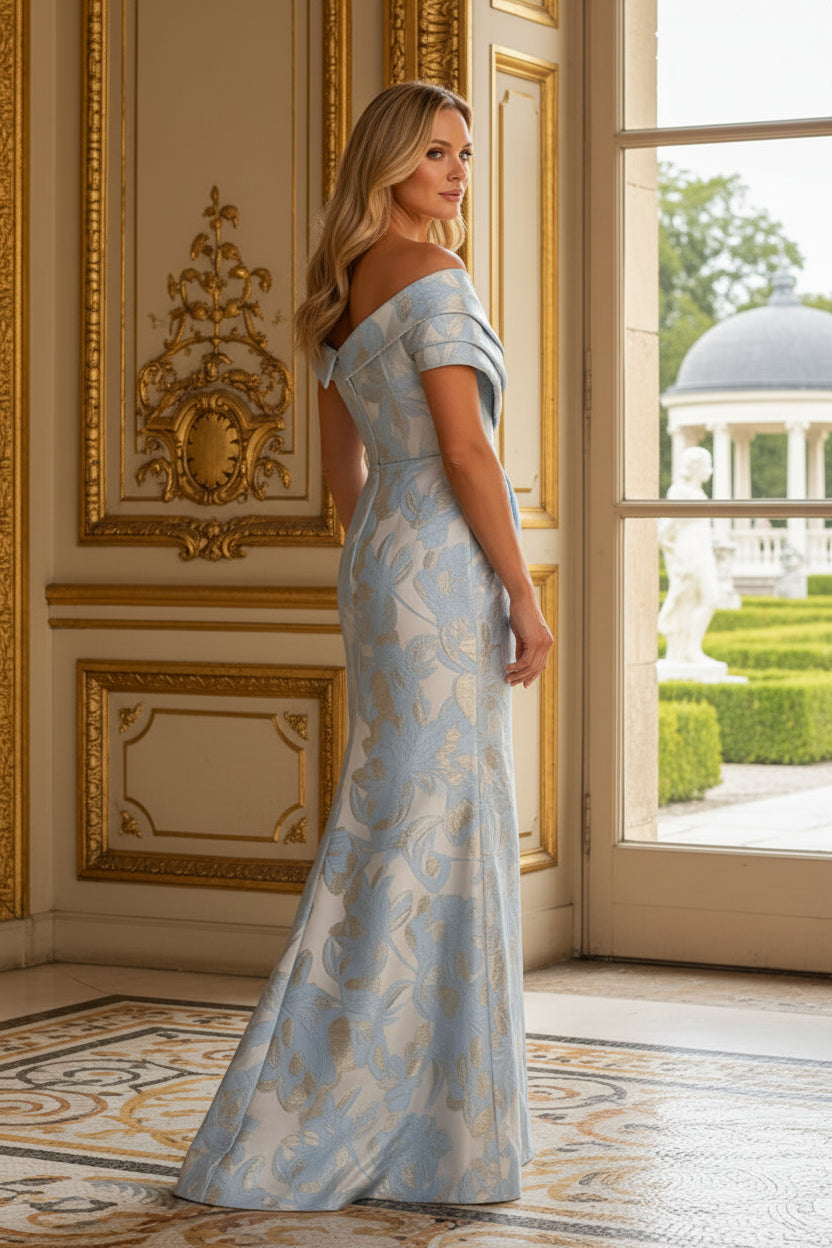 Pleated Off-the-Shoulder Floral Jacquard Gown