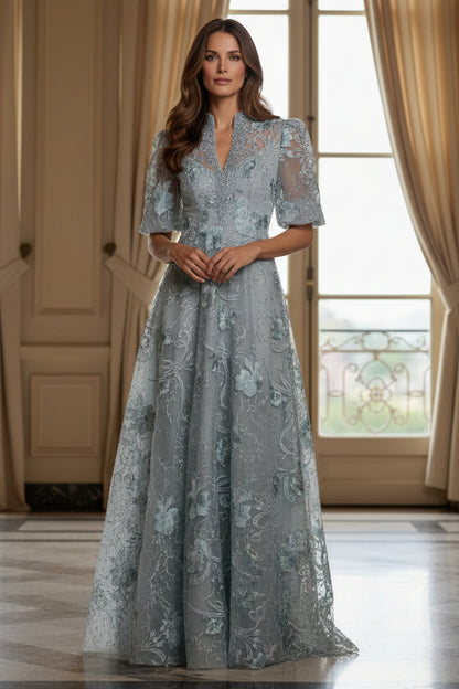 Embroidered Floral A-Line Gown with Flutter Sleeves