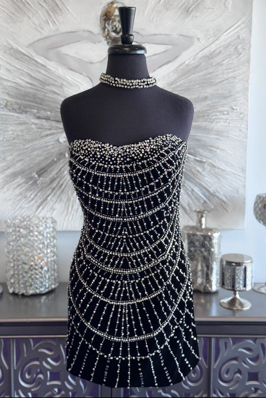 Strapless Crystal Embellished Velvet Mini Dress