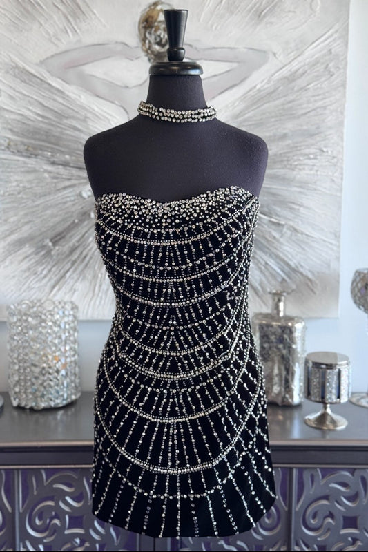 Strapless Crystal Embellished Velvet Mini Dress