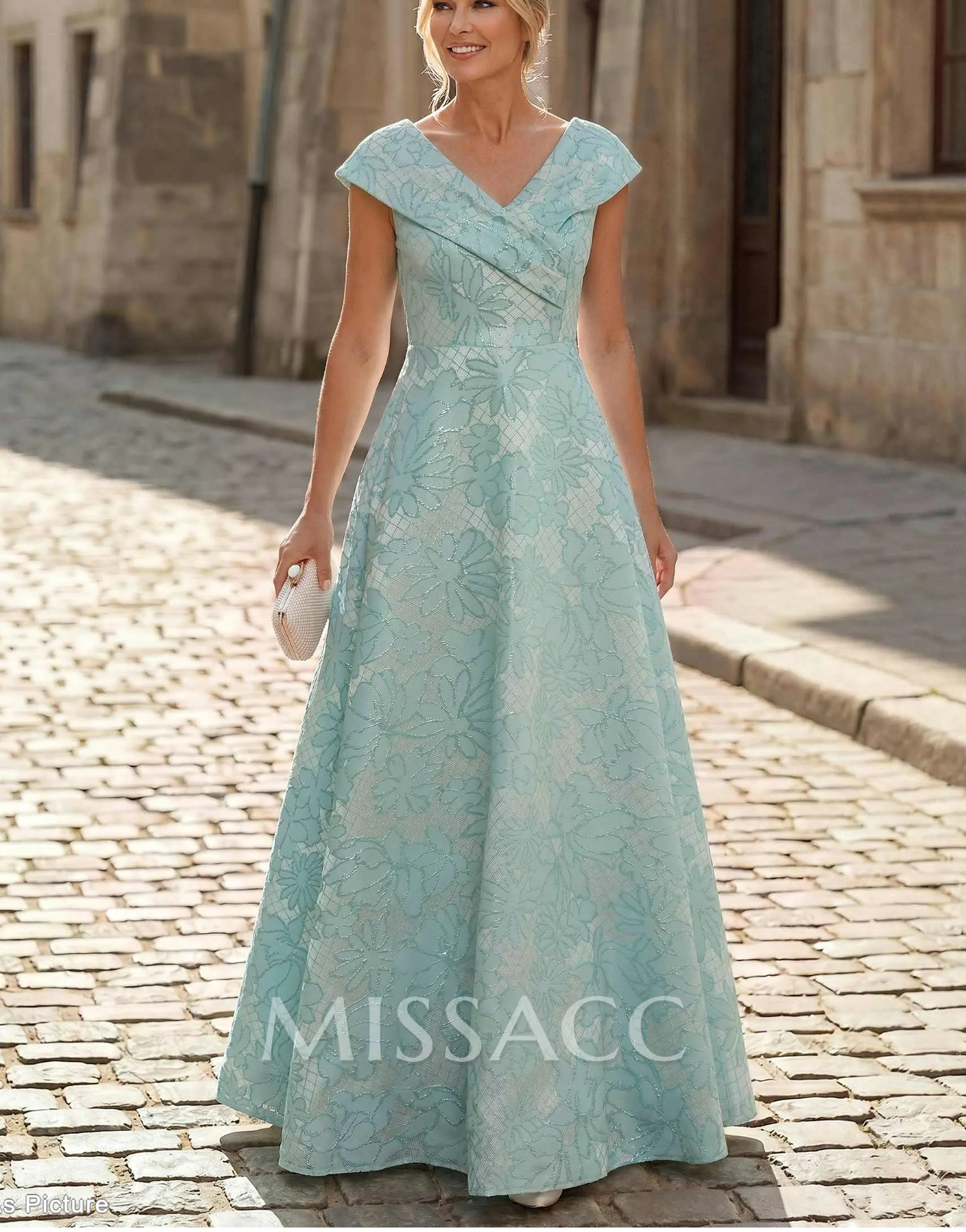 Jacquard A-Line Evening Gown with Wrap Neckline