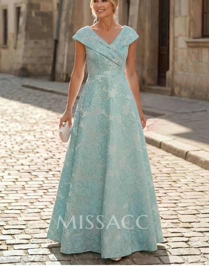 Jacquard A-Line Evening Gown with Wrap Neckline