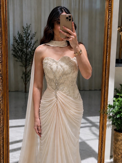 Strapless Embellished Gown with Draped Cape