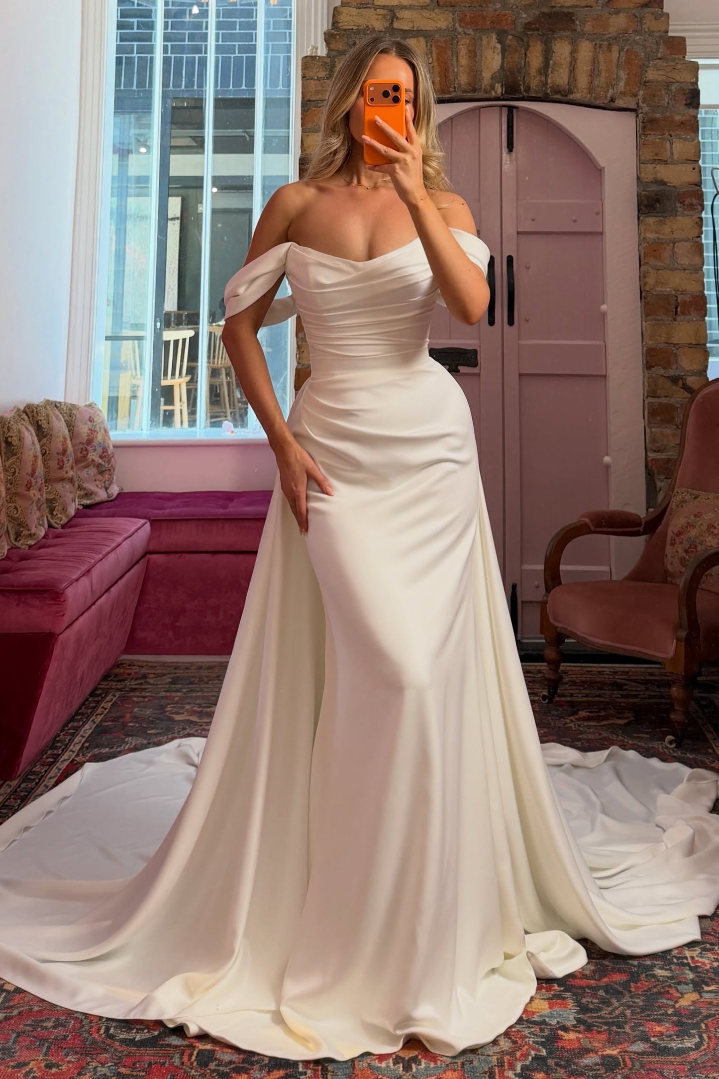 Off-Shoulder Ruched Satin Mermaid Wedding Gown
