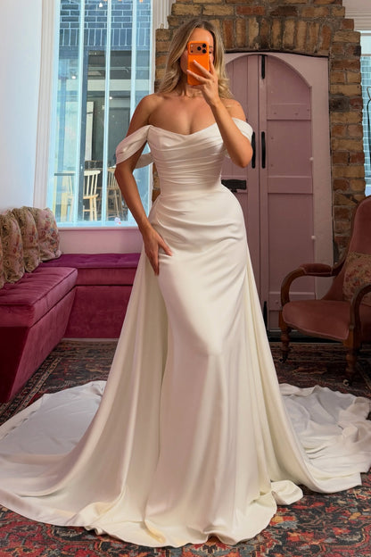 Off-Shoulder Ruched Satin Mermaid Wedding Gown