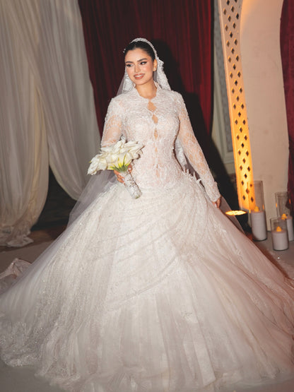 High-Neck Lace Ball Gown Wedding Dress