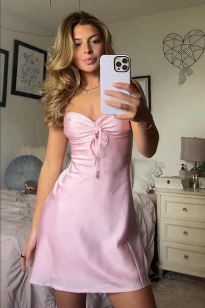 Satin Spaghetti Strap Ruched Mini Slip Dress