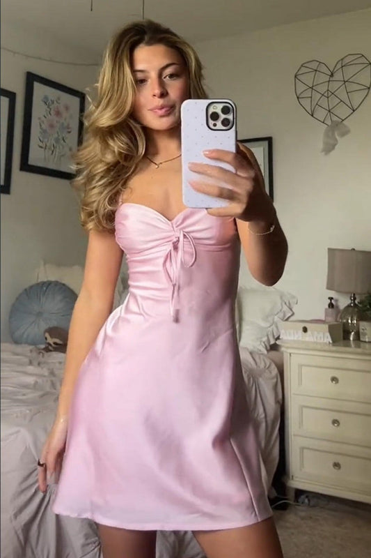 Satin Spaghetti Strap Ruched Mini Slip Dress