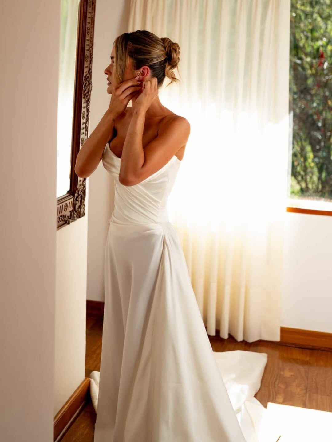 Strapless Ruched Bodice Satin A-Line Bridal Gown