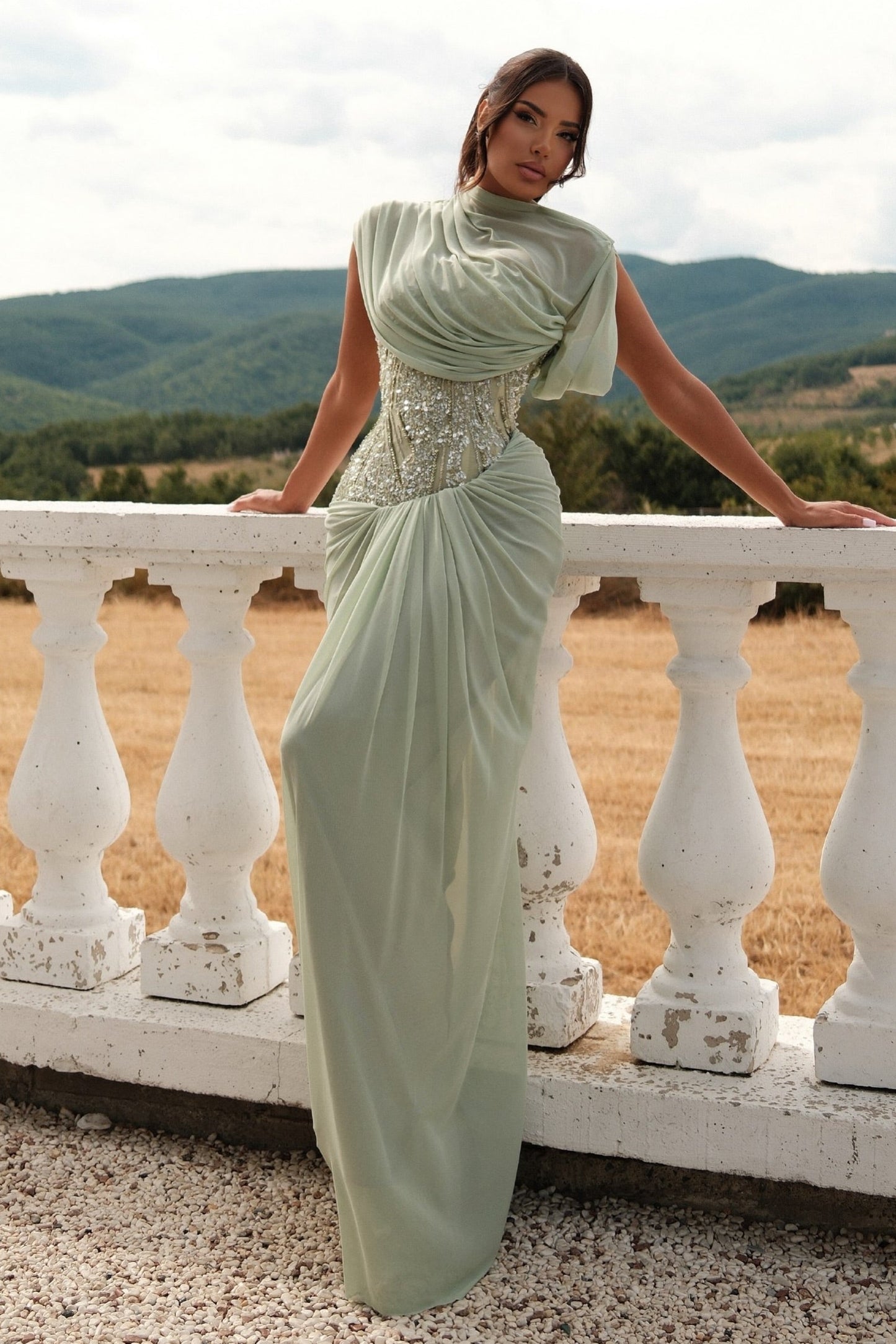 Asymmetrical Draped Corset Evening Gown