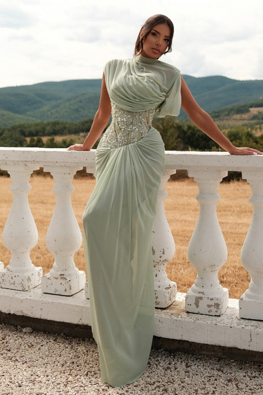 Asymmetrical Draped Corset Evening Gown