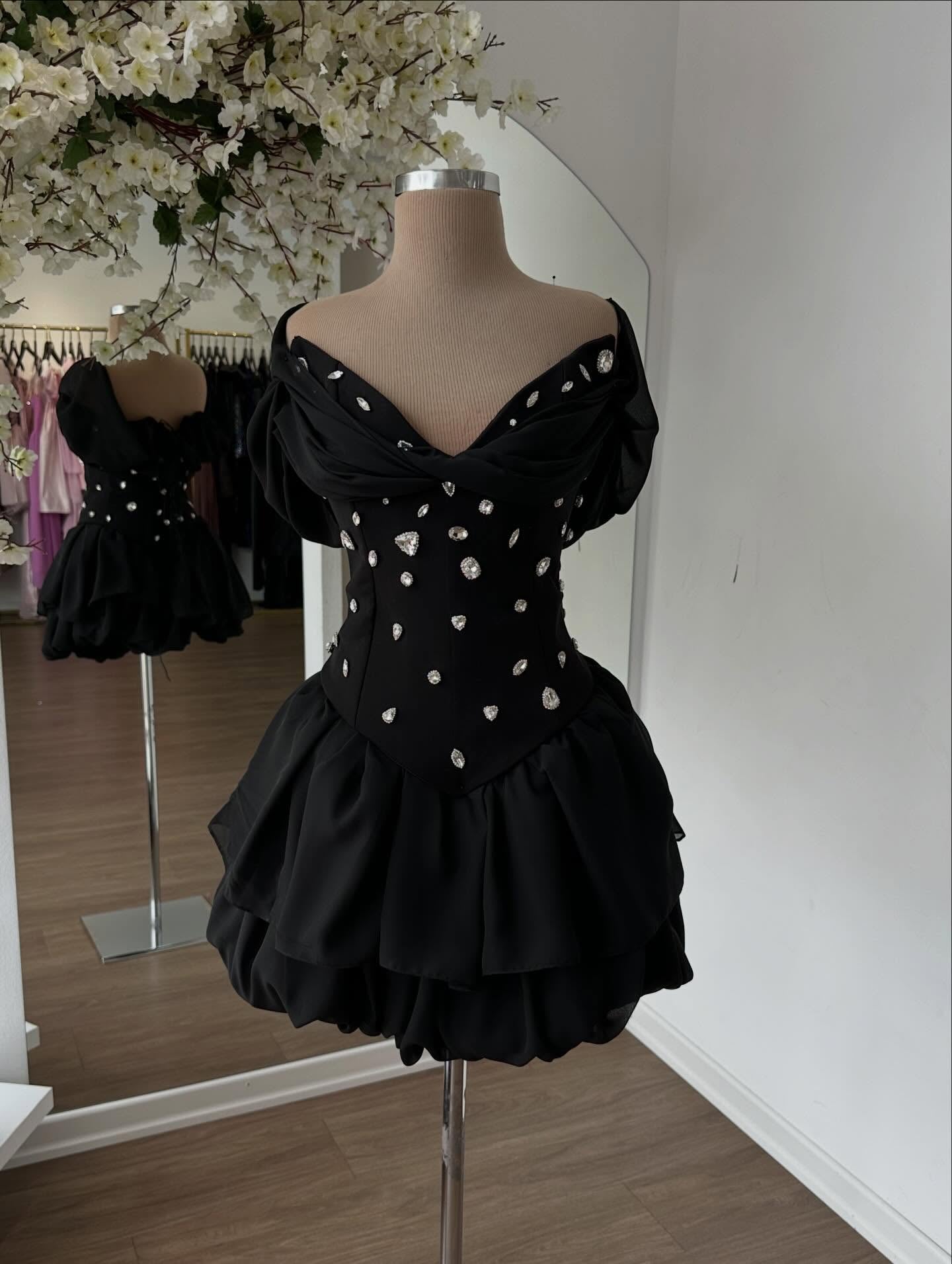 Off-the-Shoulder Crystal Corset Bubble Mini Dress