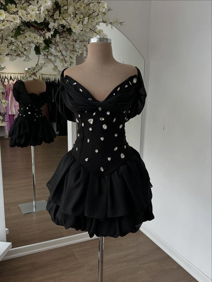 Off-the-Shoulder Crystal Corset Bubble Mini Dress