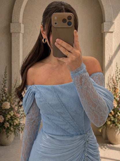Off-Shoulder Lace Ruched Evening Gown