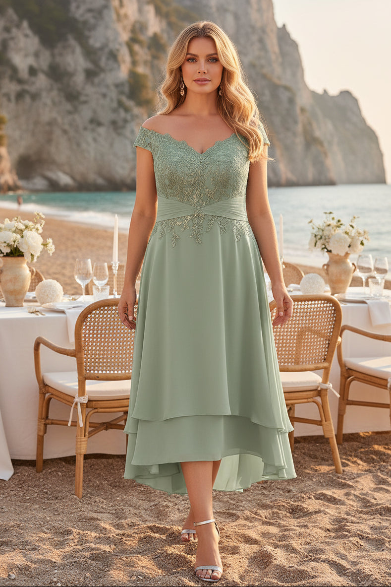 Off-The-Shoulder Lace Chiffon High-Low Dress