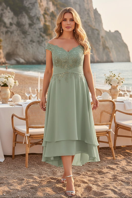 Off-The-Shoulder Lace Chiffon High-Low Dress