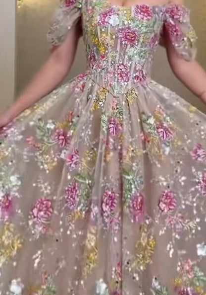 Floral Embroidered Corset A-Line Gown