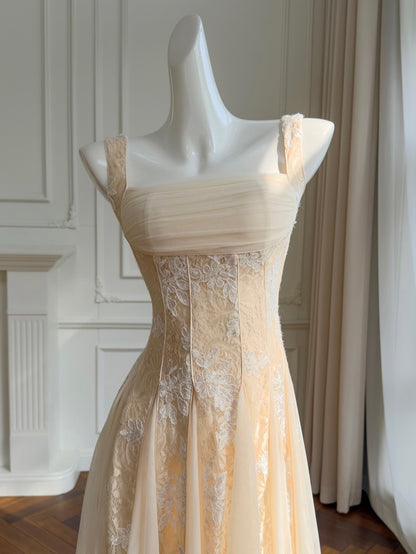 Square Neck Lace Corset A-Line Maxi Dress